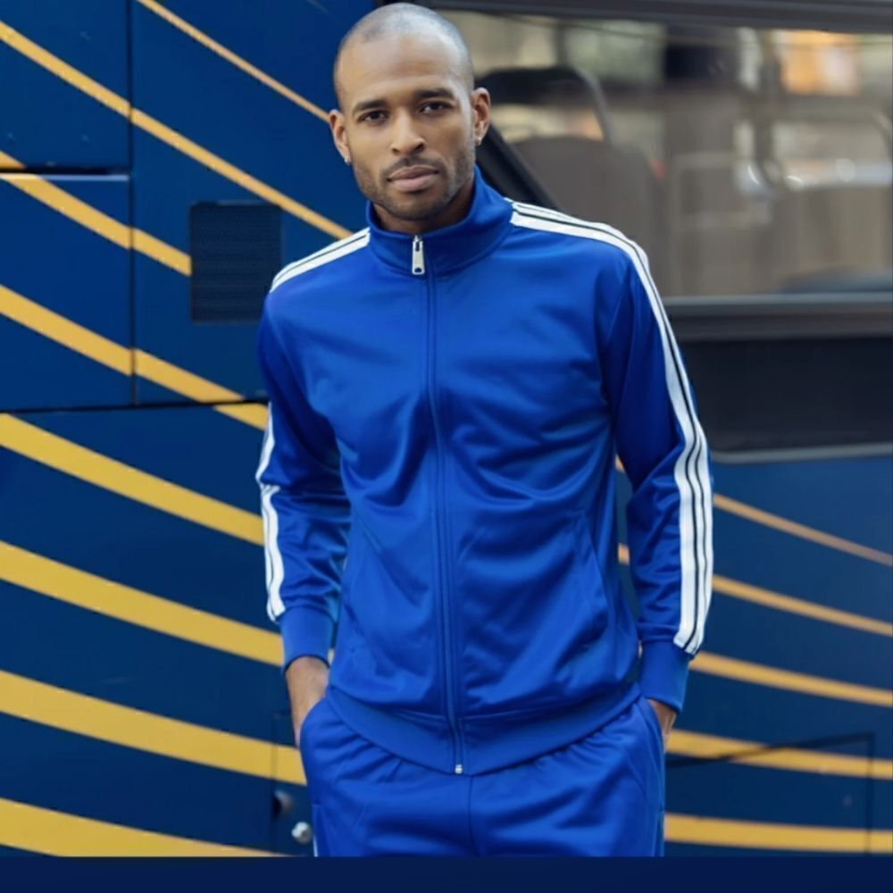 MEN'S MONTIQUE ROYAL 2 PIECE SPORT TRACK SUIT WITH TRIPLE SIDE STRIPE. JS27.